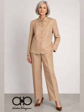 SALVATORE FERRAGAMO Vintage 90’s Classic Silk Button Front Pantsuit in Tan Sz 14